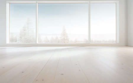 Wooden floor with insulating glass background in the background is pure whiteの素材
