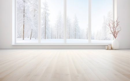 Wooden floor with insulating glass background in the background is pure whiteの素材