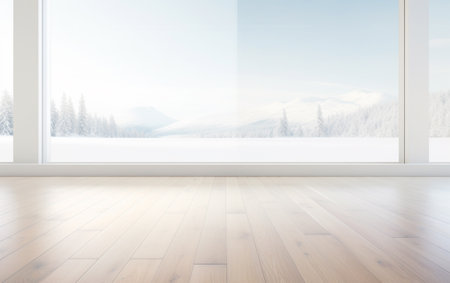 Wooden floor with insulating glass background in the background is pure whiteの素材