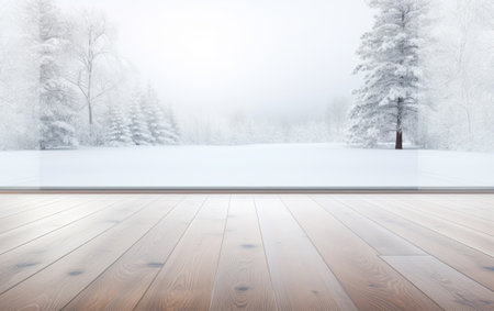 Wooden floor with insulating glass background in the background is pure whiteの素材