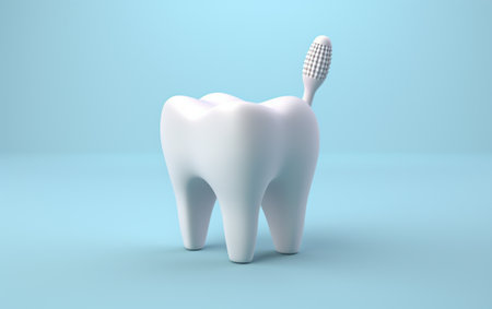 Toothpaste brush with a 3D design of white teeth in a white backgroundの素材