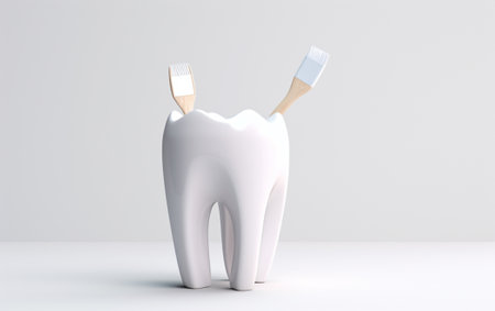 Toothpaste brush with a 3D design of white teeth in a white backgroundの素材