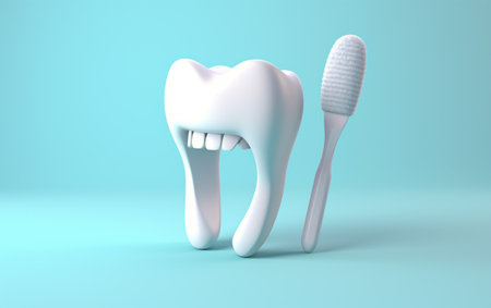 Toothpaste brush with a 3D design of white teeth in a white backgroundの素材