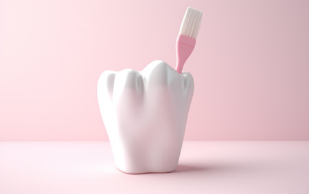 Toothpaste brush with a 3D design of white teeth in a white backgroundの素材