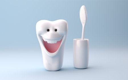 Toothpaste brush with a 3D design of white teeth in a white backgroundの素材