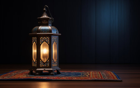 Side view of Ramadan lantern with prayer rug in dark floor, lanterns in isolated backgroundの素材