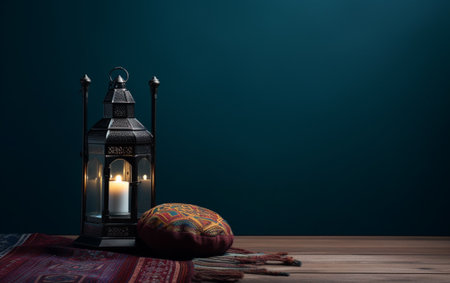 Side view of Ramadan lantern with prayer rug in dark floor, lanterns in isolated backgroundの素材
