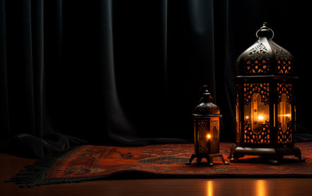 Side view of Ramadan lantern with prayer rug in dark floor, lanterns in isolated backgroundの素材