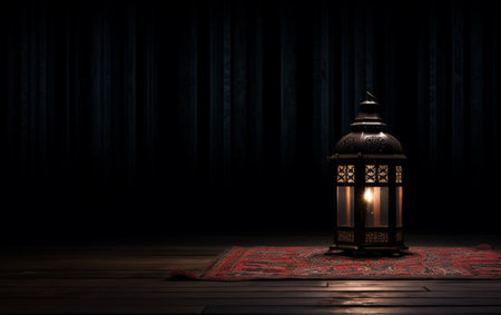 Side view of Ramadan lantern with prayer rug in dark floor, lanterns in isolated backgroundの素材