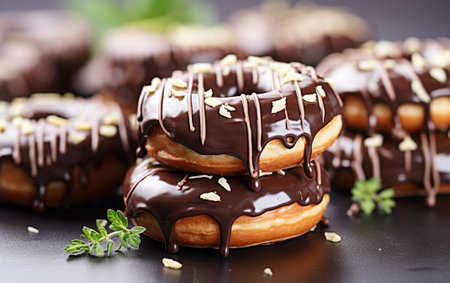 Pastries concept. donuts with chocolate glaze on white wooden table blurry backgroundの素材
