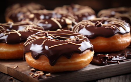 Pastries concept. donuts with chocolate glaze on white wooden table blurry backgroundの素材