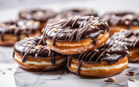 Pastries concept. donuts with chocolate glaze on white wooden table blurry backgroundの素材