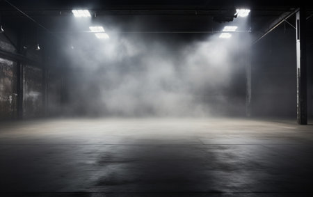 An empty studio with a cement floor, with floodlights above and smoke in the backgroundの素材