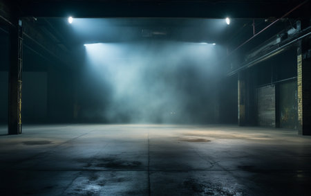 An empty studio with a cement floor, with floodlights above and smoke in the backgroundの素材