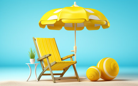 Beach Chair, Yellow Umbrella and Ball, Summer holiday, Time to travel conceptの素材