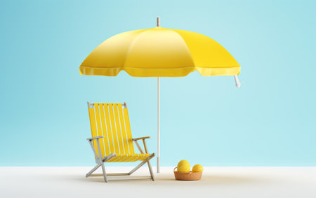 Beach Chair, Yellow Umbrella and Ball, Summer holiday, Time to travel conceptの素材
