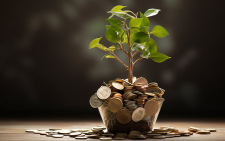 A mountain of euro coins from which a plant grows isolated, business growth without vencure capital moneyの素材