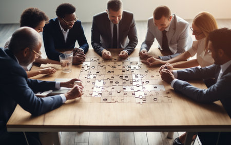 Business people team sitting around meeting table and assembling wooden jigsaw puzzle piecesの素材
