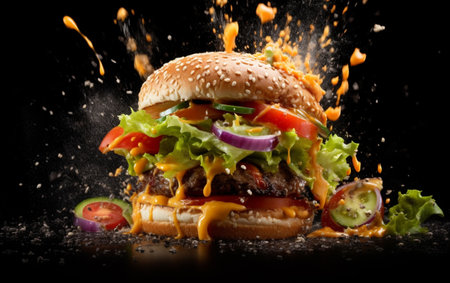 Exploding burger with vegetables and melted cheese on black backgroundの素材