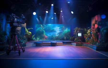 TV studio with camera and lightsの素材