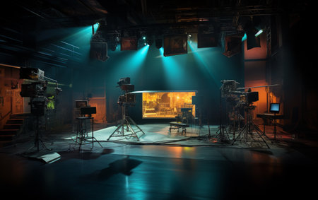 TV studio with camera and lightsの素材