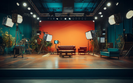 TV studio with camera and lightsの素材