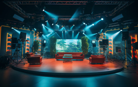 TV studio with camera and lightsの素材