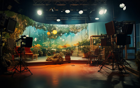 TV studio with camera and lightsの素材