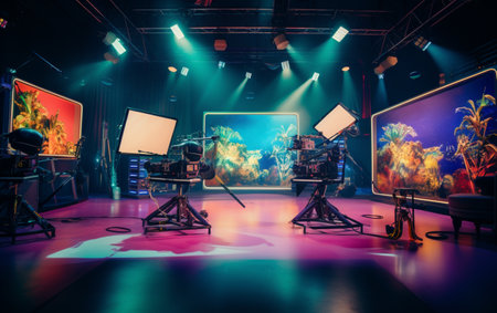 TV studio with camera and lightsの素材