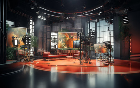 TV studio with camera and lightsの素材