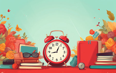 Back to school vector banner design with school items education elements alarm clockの素材