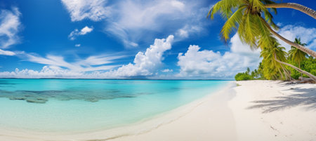 Beautiful beach with white sand, turquoise ocean, blue sky with clouds and palm tree over the waterの素材