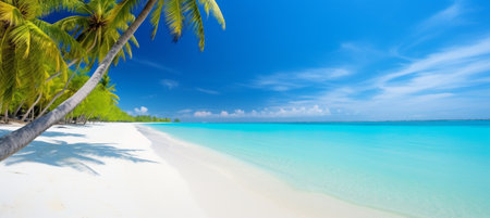 Beautiful beach with white sand, turquoise ocean, blue sky with clouds and palm tree over the waterの素材