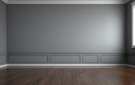 Empty room gray wall room with wooden floorの素材