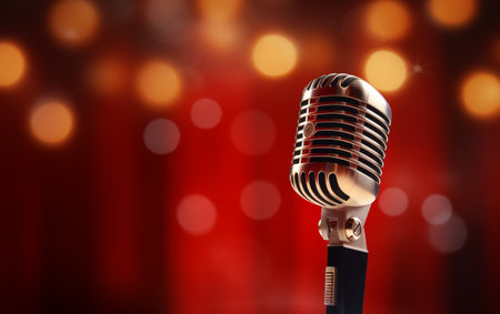 Side view of a radio microphone with studio background blurの素材