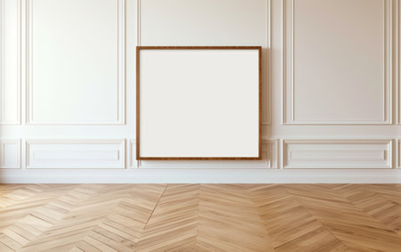 Blank picture frame on parquet floorの素材