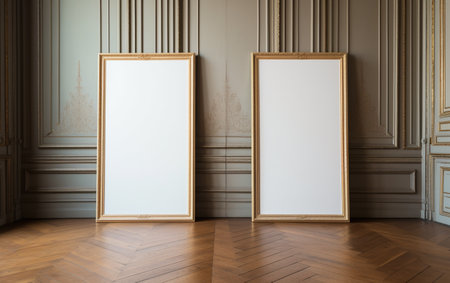 Blank picture frame on parquet floorの素材