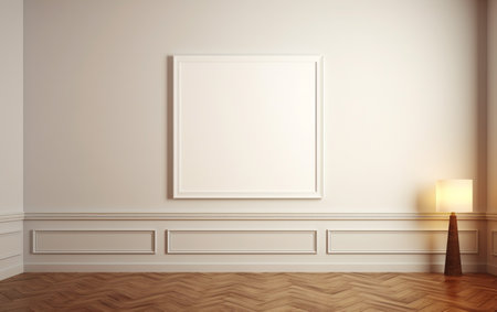 Blank picture frame on parquet floorの素材