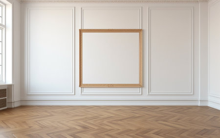 Blank picture frame on parquet floorの素材