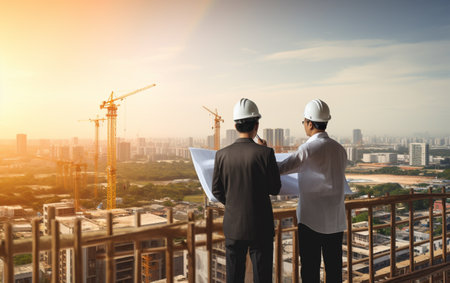 business man construction engineers supervising progress of construction project atの素材