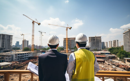 business man construction engineers supervising progress of construction project atの素材