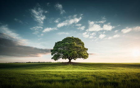 Beautiful tree in the middle of a field covered with grass with the tree line in the backgroundの素材