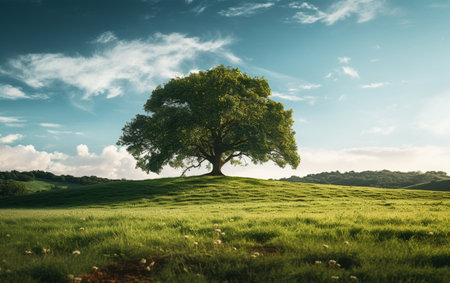 Beautiful tree in the middle of a field covered with grass with the tree line in the backgroundの素材