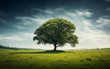 Beautiful tree in the middle of a field covered with grass with the tree line in the backgroundの素材