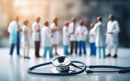 Healthcare and medical concept. medicine doctor with stethoscope in handの素材