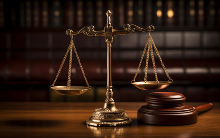 Judiciary hammer with justice scales on a wooden tableの素材