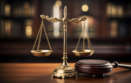 Judiciary hammer with justice scales on a wooden tableの素材