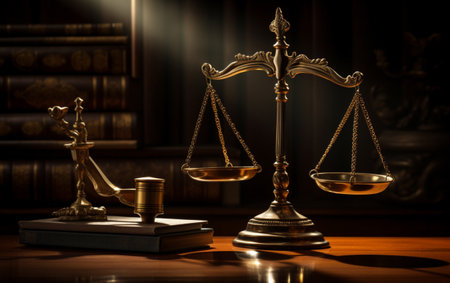 Judiciary hammer with justice scales on a wooden tableの素材