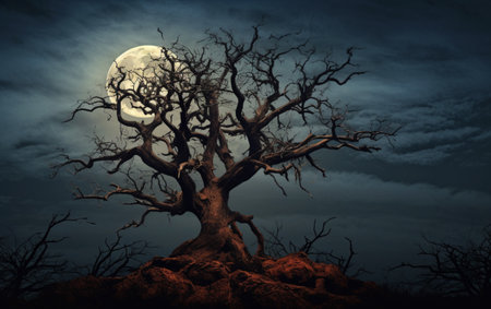 Spooky tree against a big moonの素材
