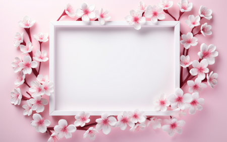 A pink and white paper photo frame with flowers on itの素材